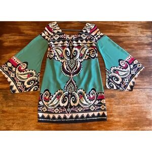 Boho Teal Paisley Bell Sleeve Mini Dress Retro Shift Dress Small